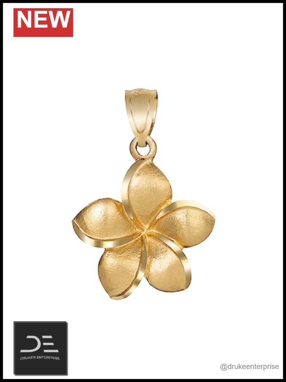 14K Solid Yellow Gold Plumeria Pendant Charm, Hawaiian Island Gift,